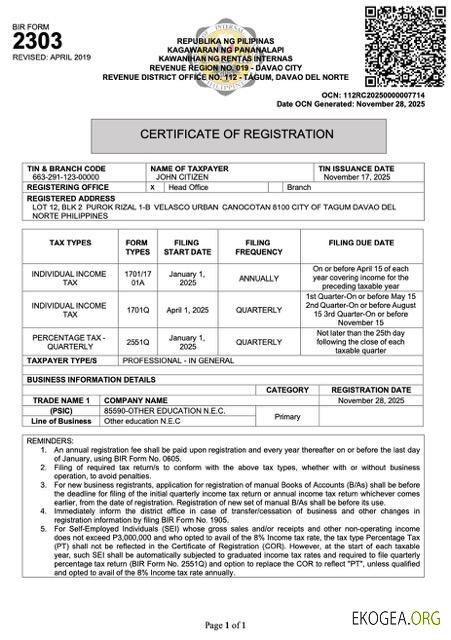 Modèle Word et PDF de certificat d'enregistrement des Philippines, version 3